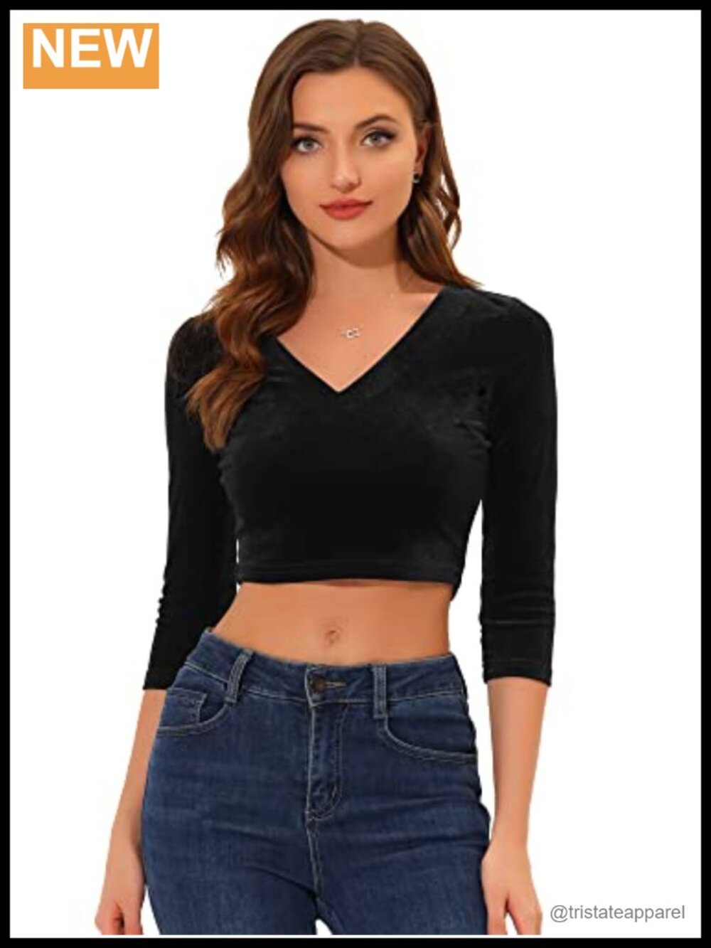 Allegra K Womens Velvet 3/4 Sleeve V Neck Cropped Top Blouse